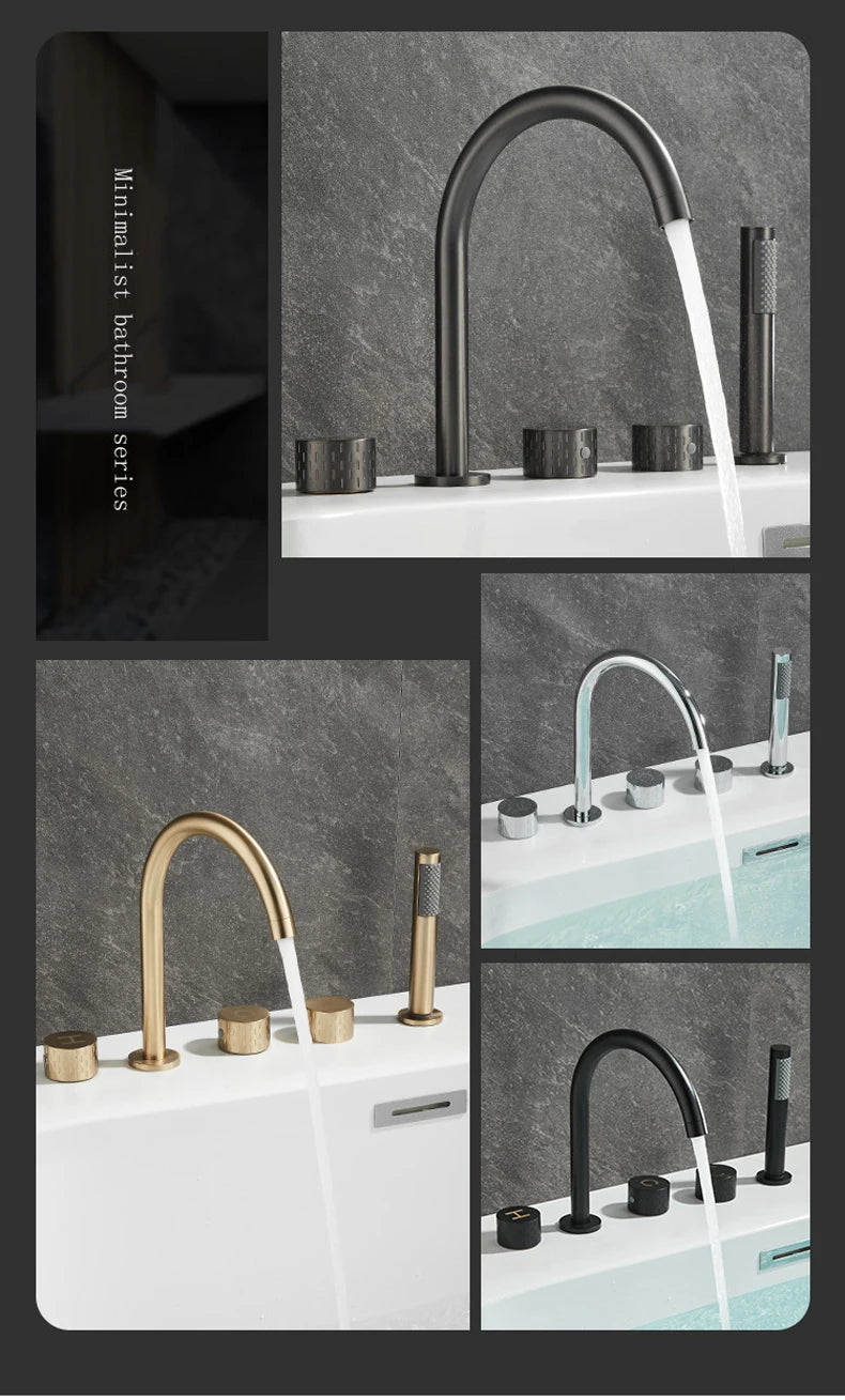 Gray Luxury Brass Deck-Mounted 5-Holes Bathroom Bath Tub Rotating Faucet Mixer Bathtub Basin Water Tap With Spray 3 Handles