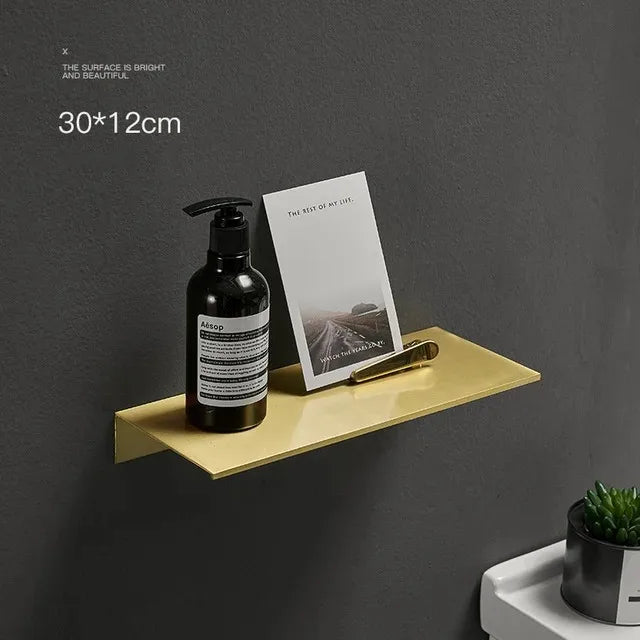 Brushed Gold Metal Bathroom Shelf Wall Storage Rack Washstand Drilling Large Wall Shelf for Storage 30/40/50cm Length Holder