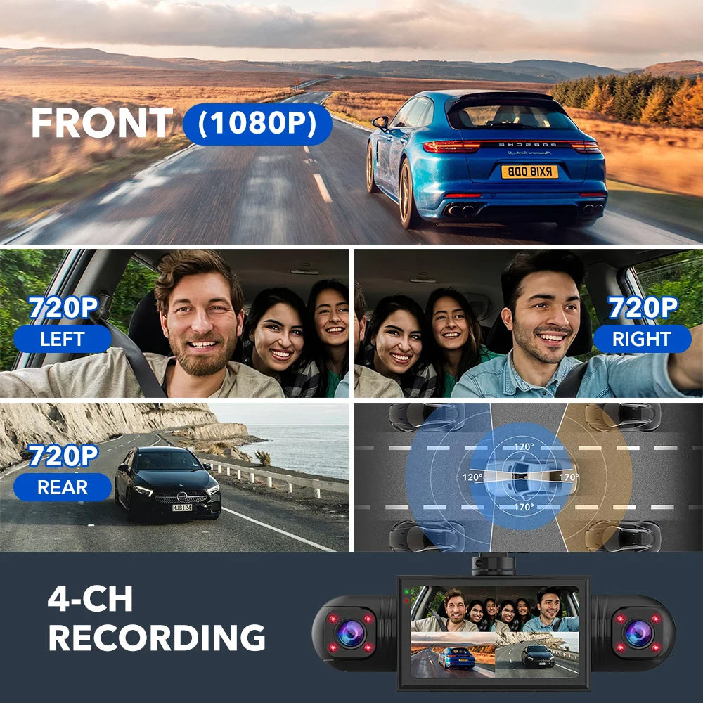 Car Dash Cam 4 Channel Black Box Driving Camera FHD 1080P Front Left Right Rear Night Vision Loop Recording add Hardwire kit