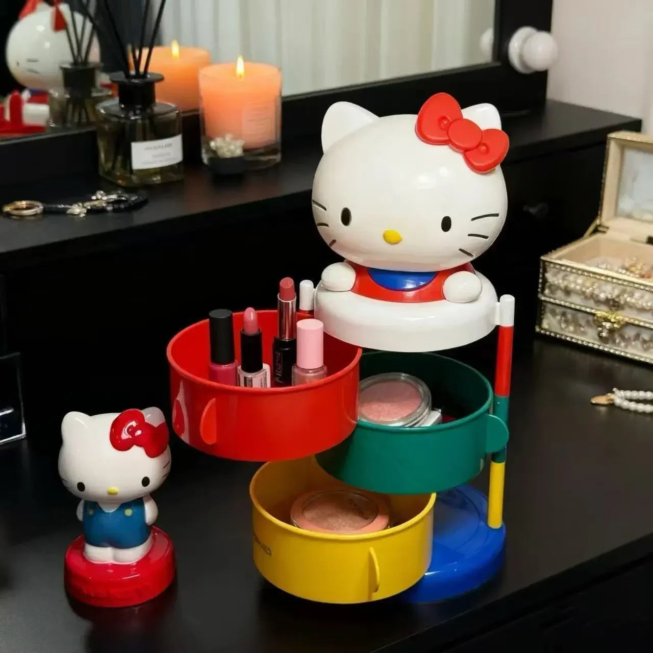 Hello Kitty Organizer Box Kawaii Rotating Storage Box Makeup Holder Three Layer Desktop Organizer Home Decoration