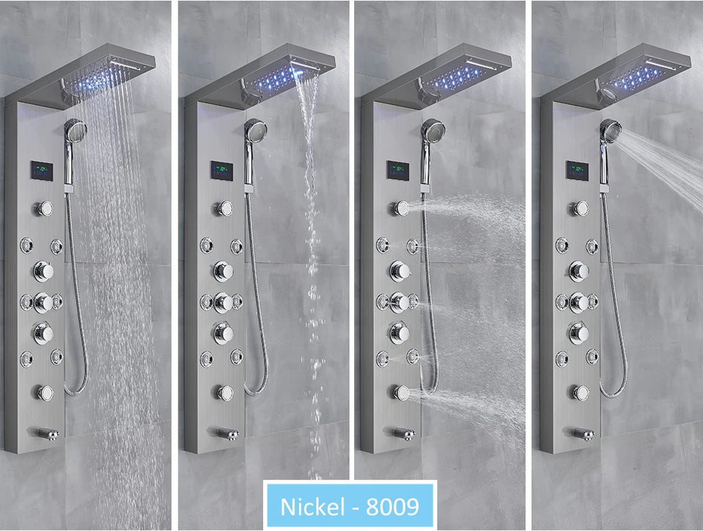 LED Shower Panel Tower System Rain Waterfall Shower Column Hydroelectricity LCD Display With Massage Body Spa Bath Shower Faucet