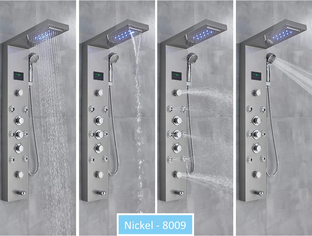 LED Shower Panel Tower System Rain Waterfall Shower Column Hydroelectricity LCD Display With Massage Body Spa Bath Shower Faucet