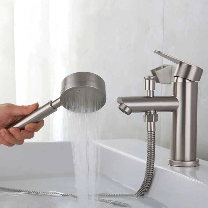 Bathroom Basin Faucet Stainless Steel Single Handle Sink Faucets Cold and Hot Water Mixer Bathtub Tap with Shower Set