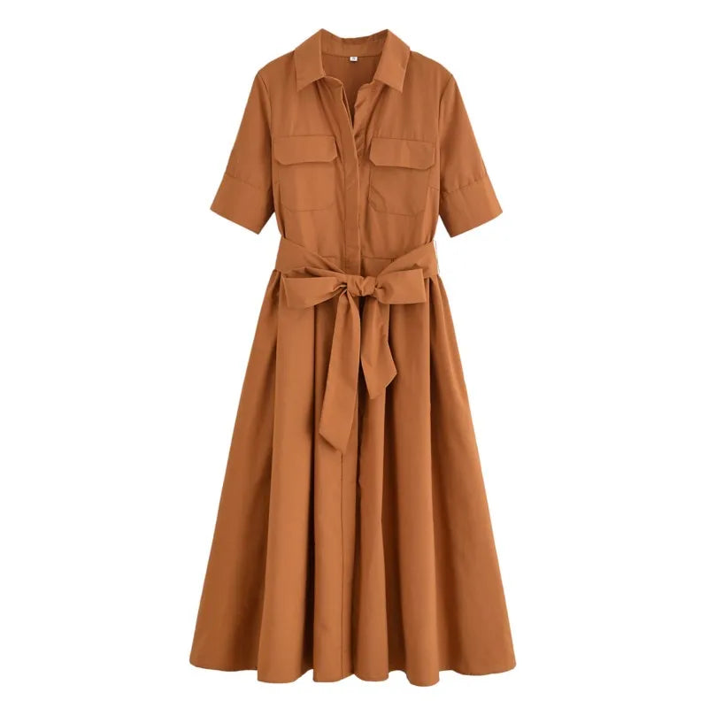 Women Long dress With Belt Spring Poplin Lady Short Sleeve Dress Pocket Women's Midi Dress Side Zipper Female Dresses