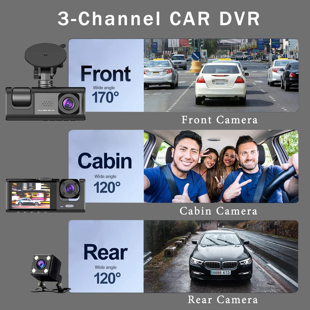 3 Channel Dash Cam HD 1080P 3-Lens Inside Vehicle  Car DVR Three Way Camera DVRs Recorder Video Registrator Dashcam Camcorder