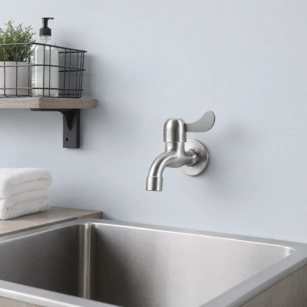 304 Stainless Steel Faucet G1/2 Inch Thread Single Lever Faucet Tap with Bubbler and Valve Wall Mounted Water Tap Garden