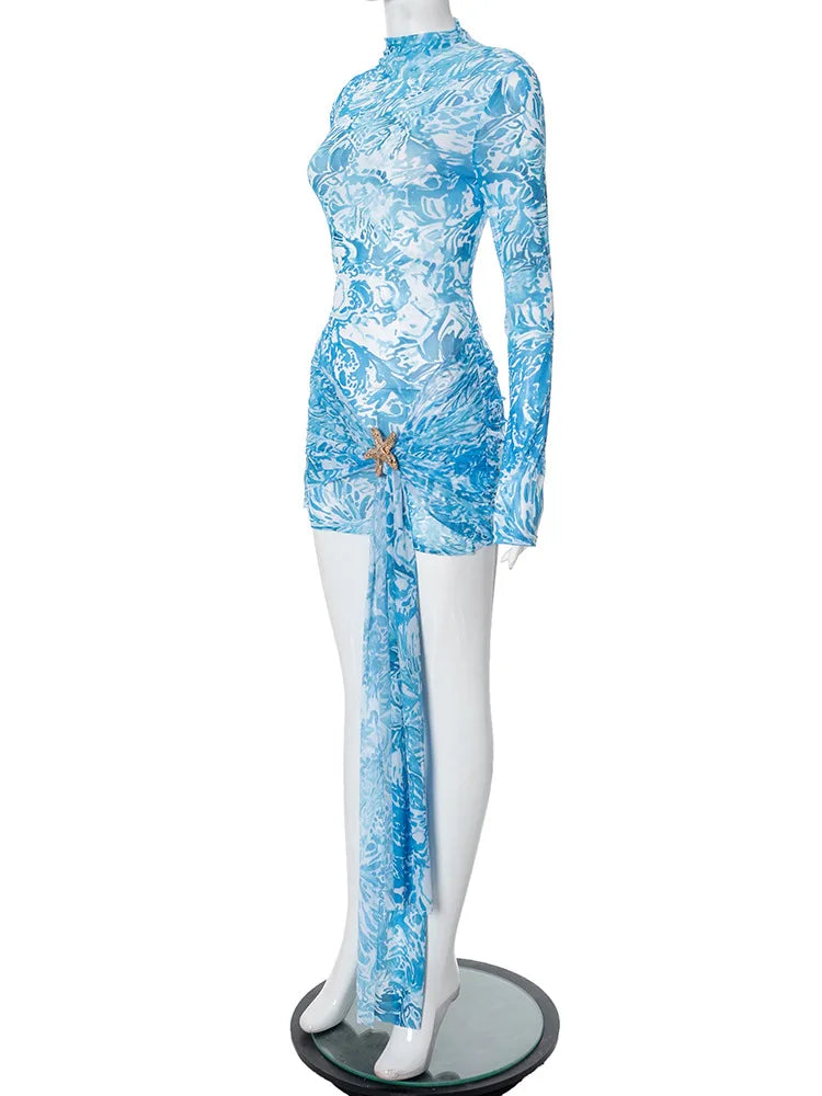 Women Blue Print Mesh Short Dresses Chic Sexy Summer Long Sleeve See-through Bandage Starfish Holiday Beach Dress Streetwear Hot