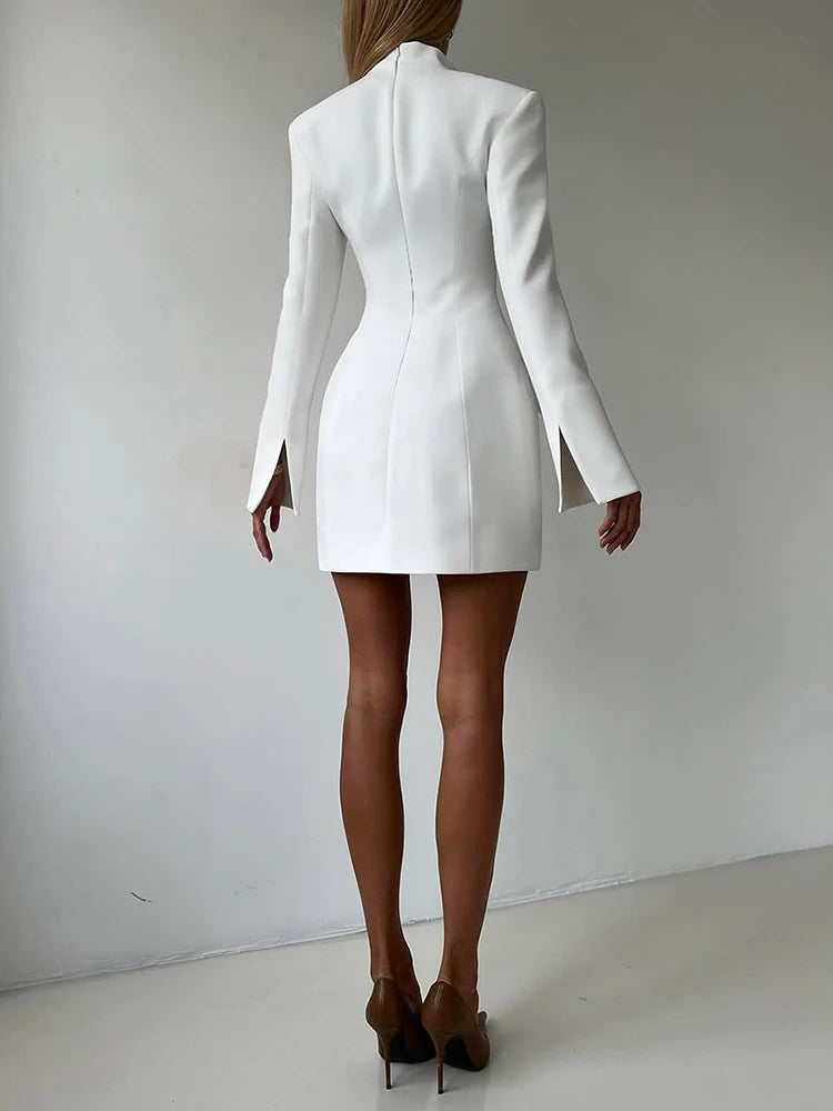 Nibber Elegant Fashion Office Style Dress Woman Button Pocket Decoration Stand Collar Simple Full Sleeve Casual Mini Bodycon