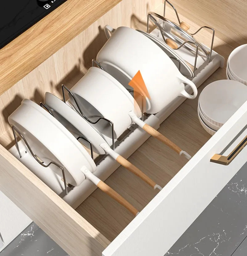 Expandable Kitchen Cabinet Pot Organizer - Adjustable Divider Rack, Multi-Use Storage Solution for Pots, Pans and Lids