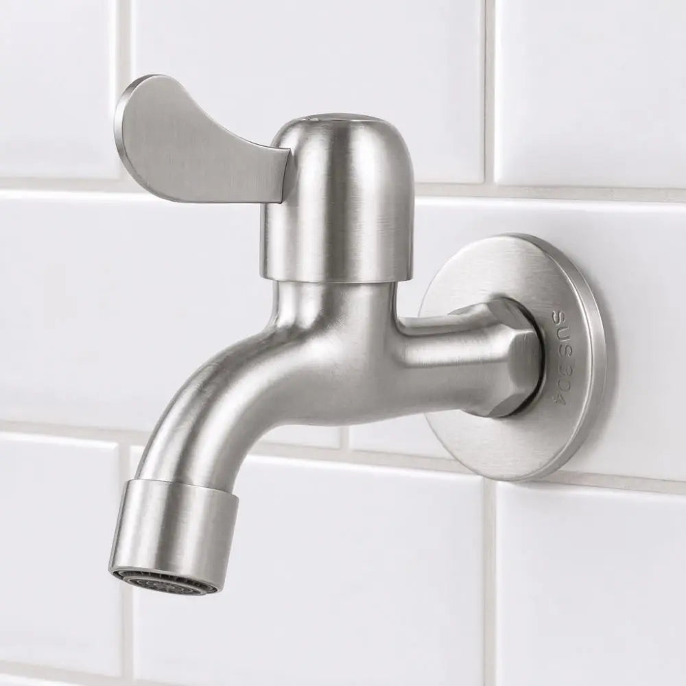 304 Stainless Steel Faucet G1/2 Inch Thread Single Lever Faucet Tap with Bubbler and Valve Wall Mounted Water Tap Garden