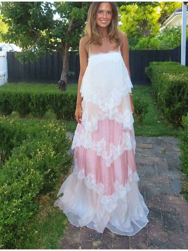 Romantic White Pink Tiered Lace Maxi Dress Spaghetti Straps Cross Back Tie Closure Flowy Skirt Women Date Party Vacation Outfit