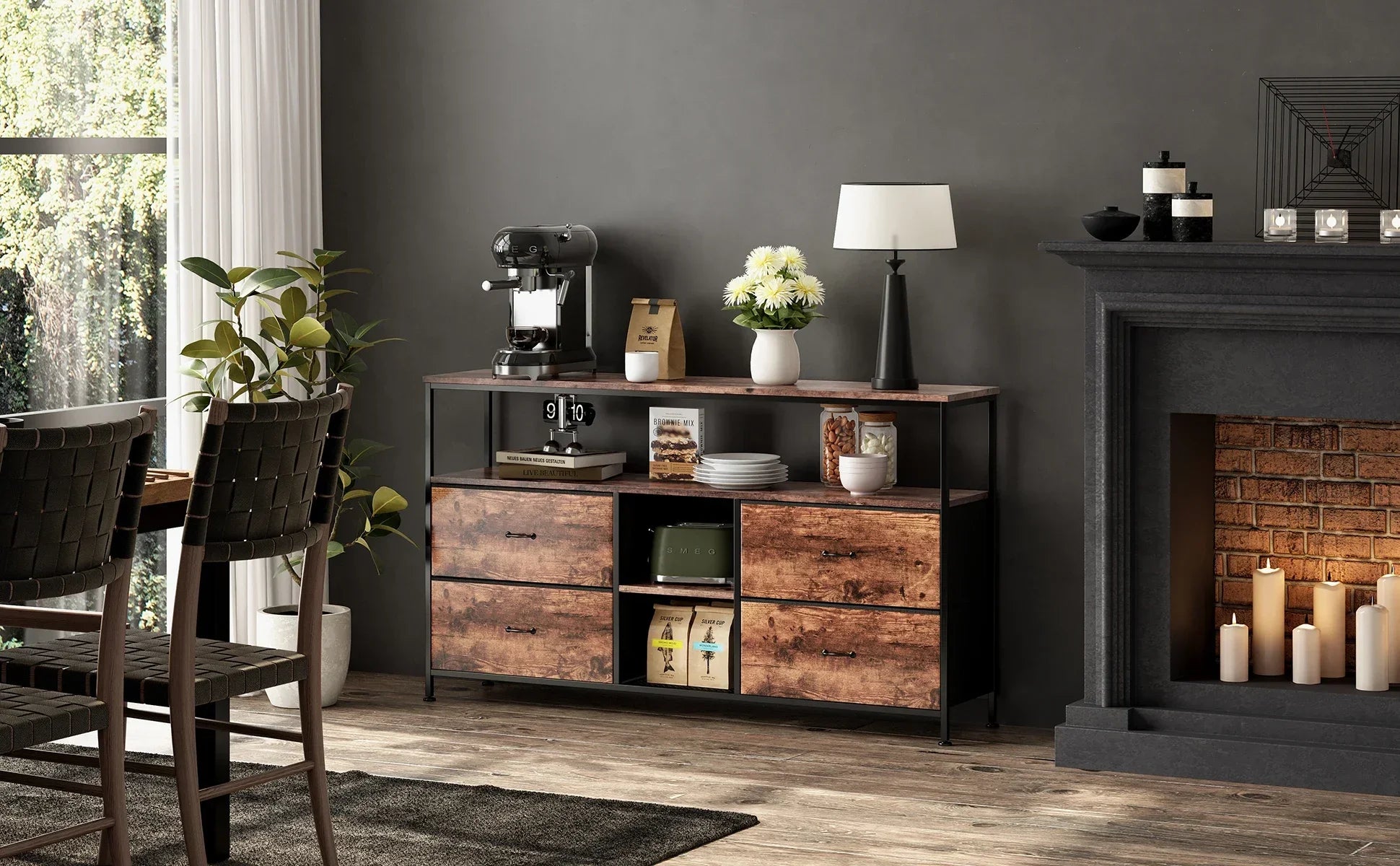 Rosahqnda TV stand with 4 drawers, TV cabinet, , adjustable shelves, TV table, TV cabinet living room furniture
