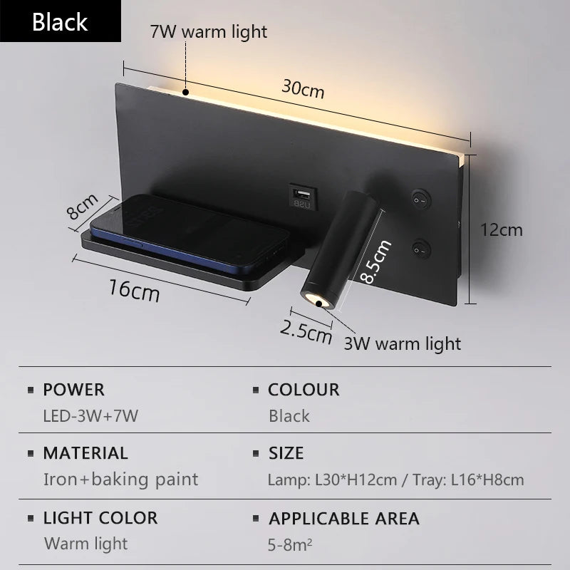 Multi functional wall lamp with switch, USB interface, LED mobile phone wireless charger, reading wall lamp, bedroom night light