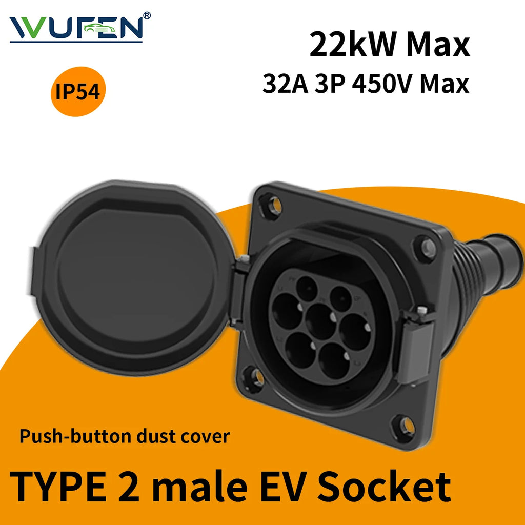 WUFEN EVSE Type 2 Male Socket 16A&32A 1P&3P for Electric Vehicle Car side Charger IEC 62196 Type 2 Socket EV Charger Socket 32A