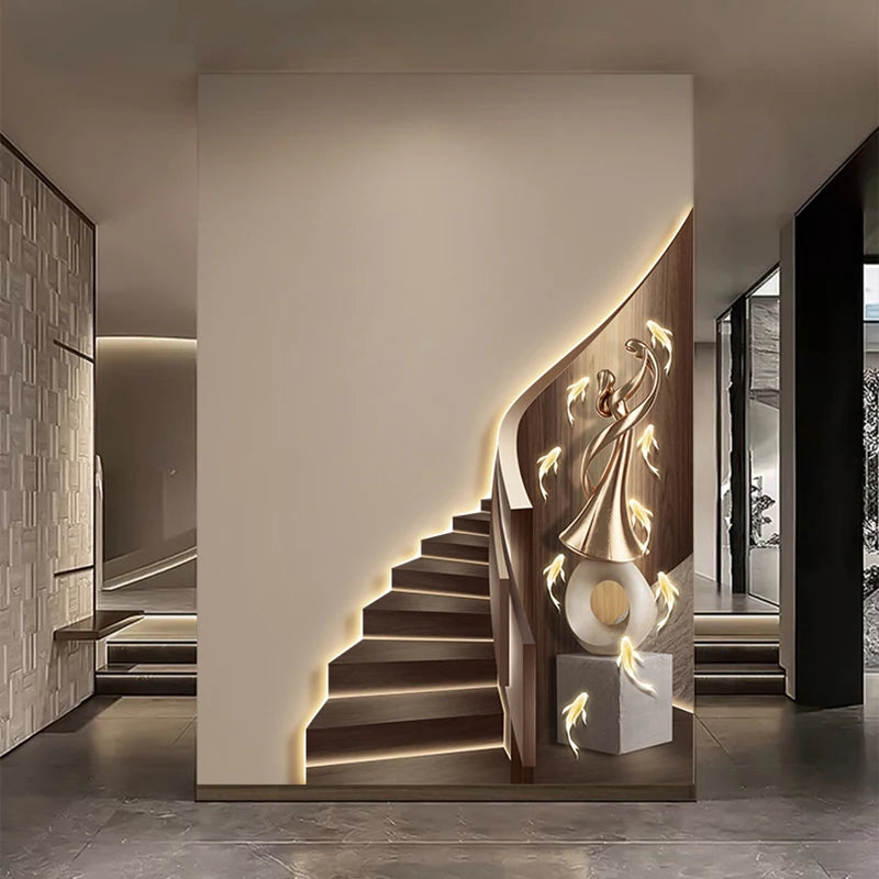 Modern light luxury entrance foyer light painting, stairway-shaped mural, spatial extension effect hanging painting, LED ambient