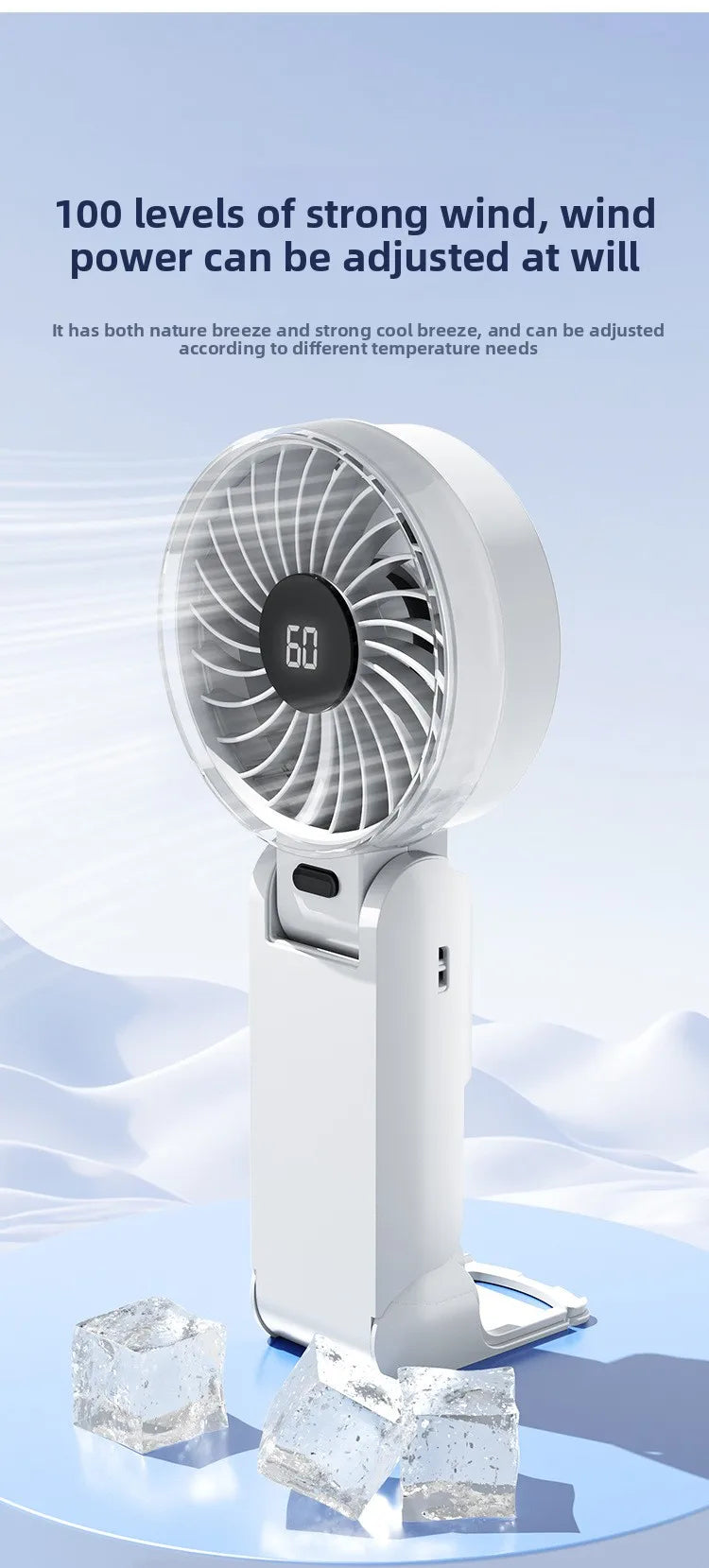 Foldable Handheld Fan with Digital Display, USB Rechargeable, Portable Mini Fan, Strong Airflow for Home and Travel