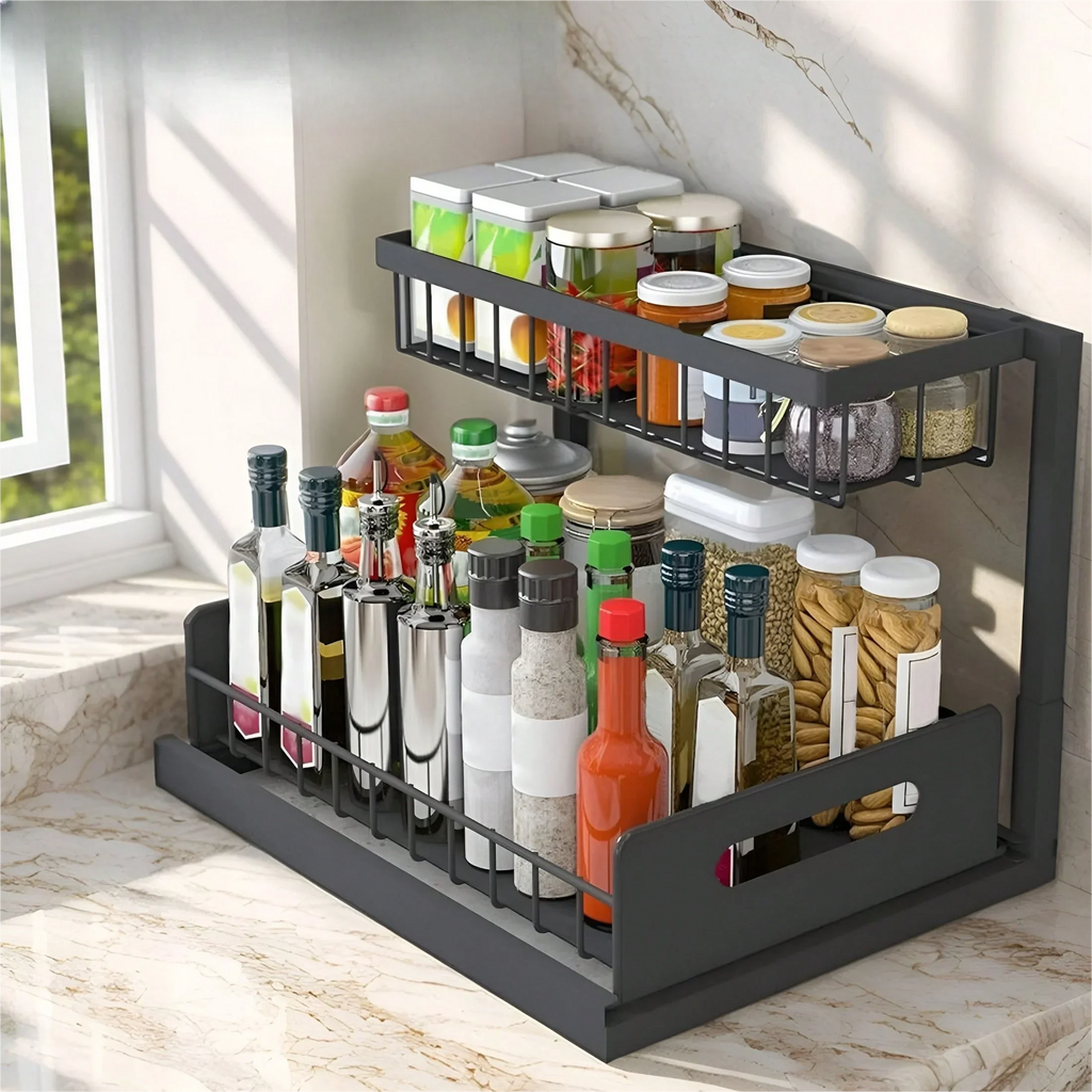 Under Sink Organizer Rack 2 Tier Under Sliding Cabinet Basket Organizer Drawer , Multi-Purpose Under Sink Storage For Kitchen