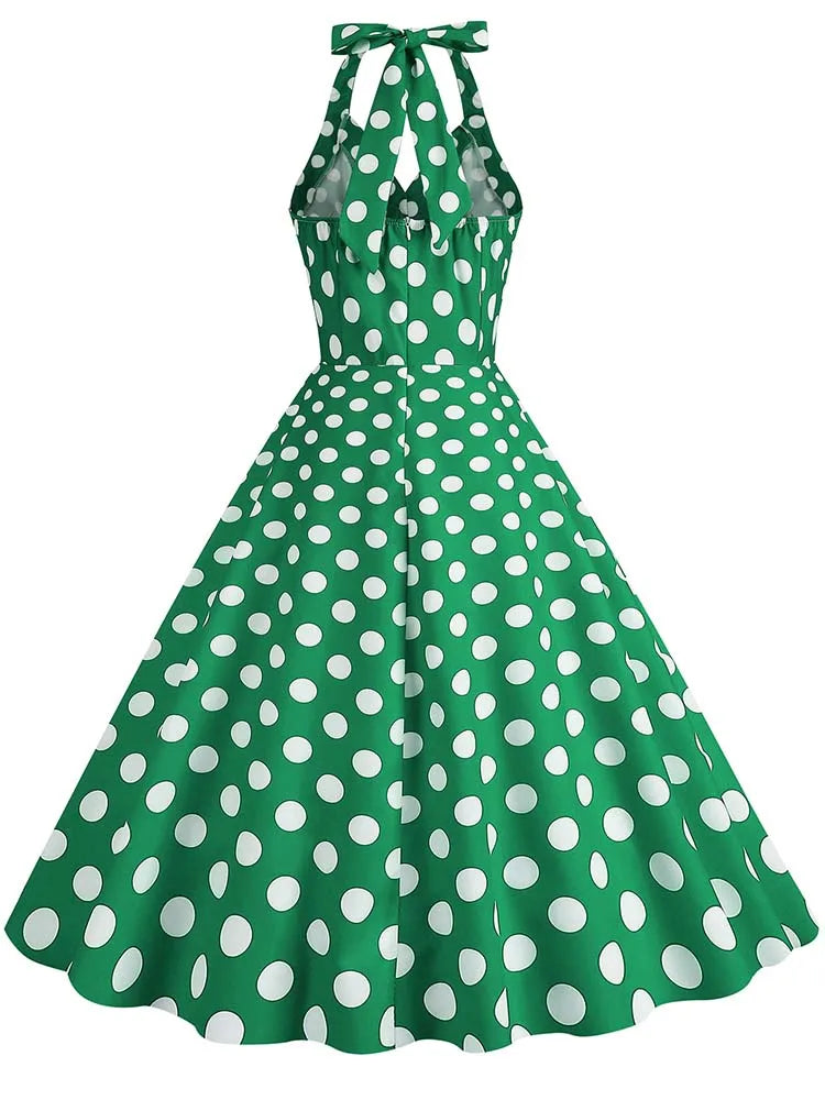 Sexy Retro Polka Dot Halter Dress Women Audrey Hepburn 50s 60s Vintage Gothic Pin Up Rockabilly Clothing