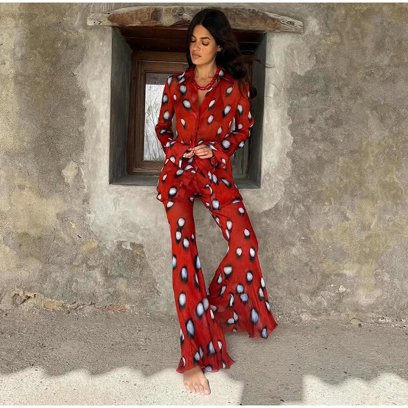 Beach Vacation Printed Shirt Pant Set Women Red See Through Lapel Full Sleeve Button Shirts Pants Suit 2026 Summer Casual Outfit