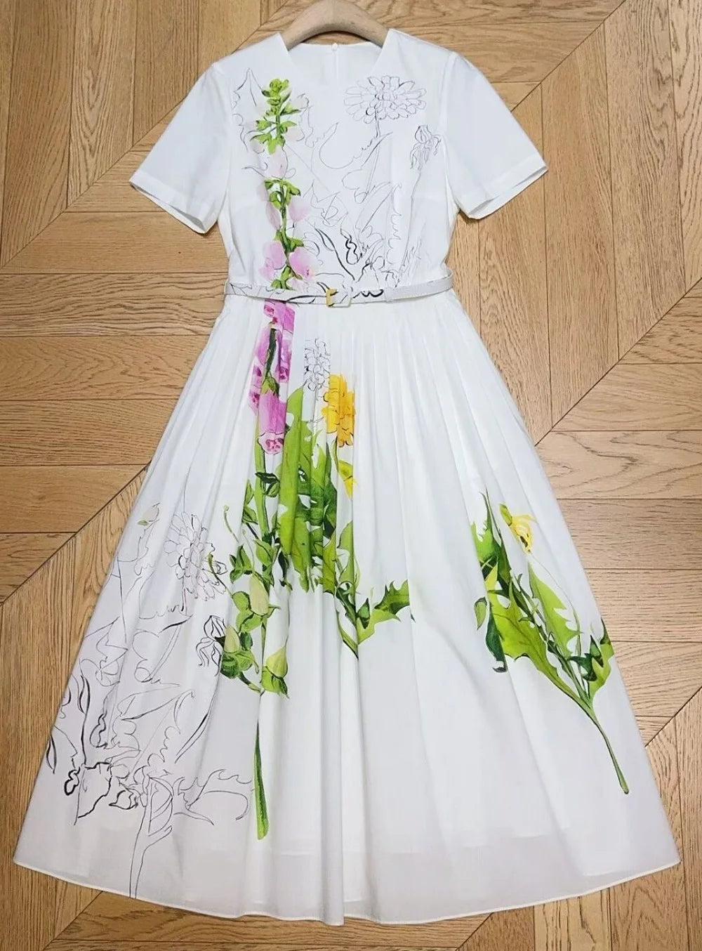 Top Quality New 2026 Spring Summer Dress Women Green Leaves Floral Print Pocket Patchwork Short Sleeve Mid-Calf White Dress