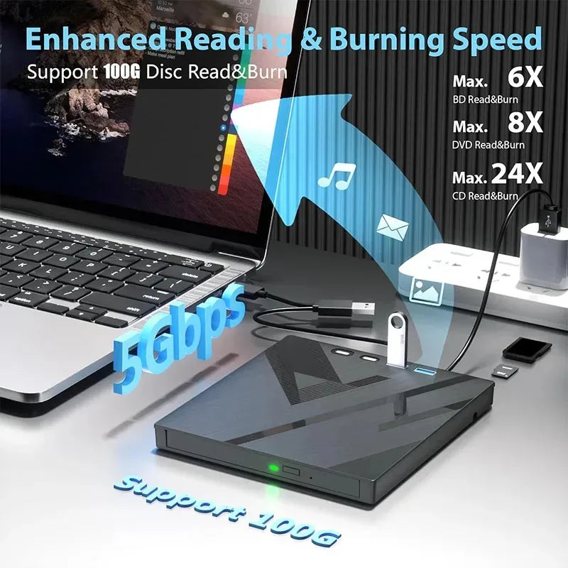 NEW USB3.0 Type-C External Bluray Optical Drive for Laptop PC Portable BD DVD CD -/+RW Player Burner Reader with SD/TF Card Slot