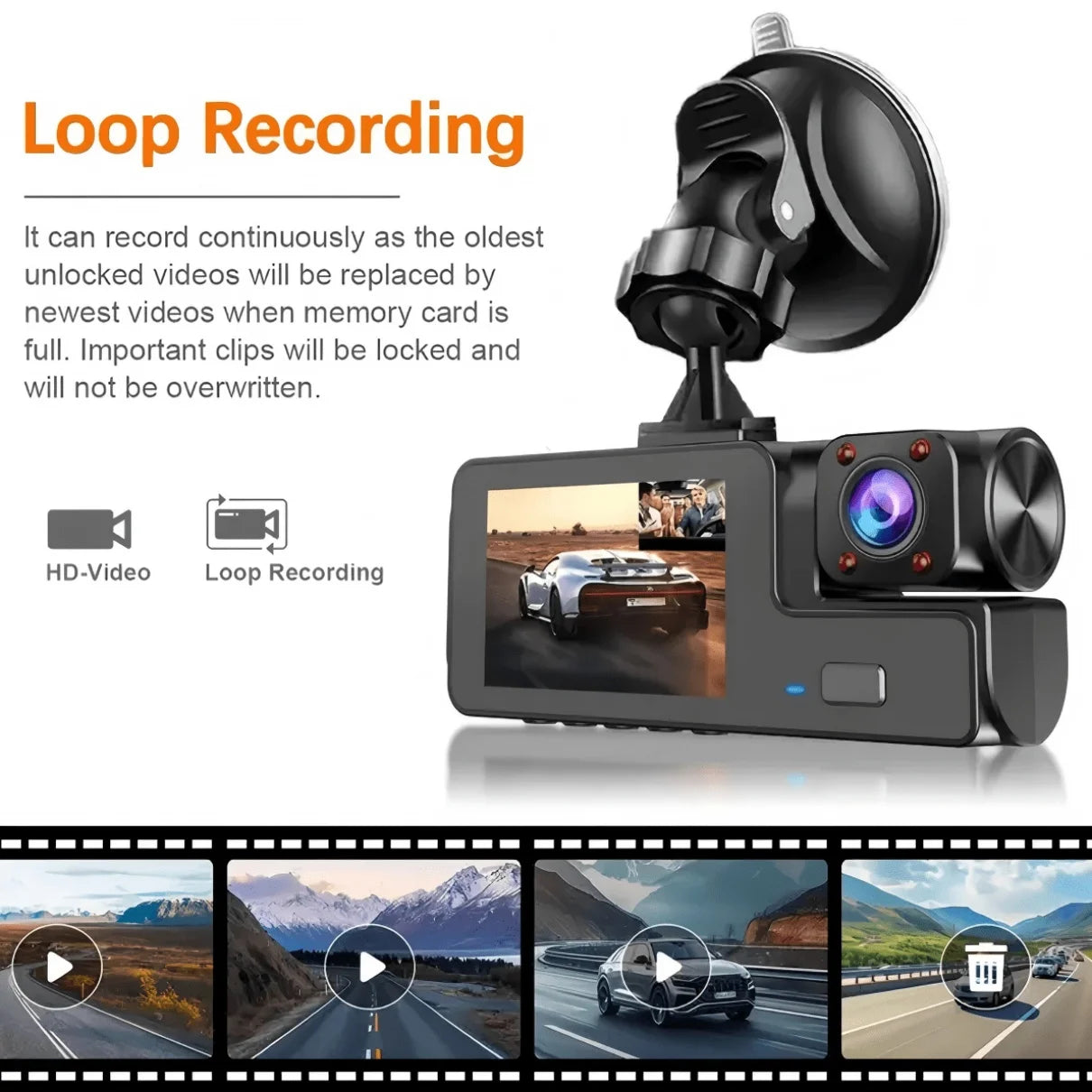 Three-Camera Dash Cam (Front/Interior/Rear), 1080p In-Car Camera, with Parking Mode, Universal Fit