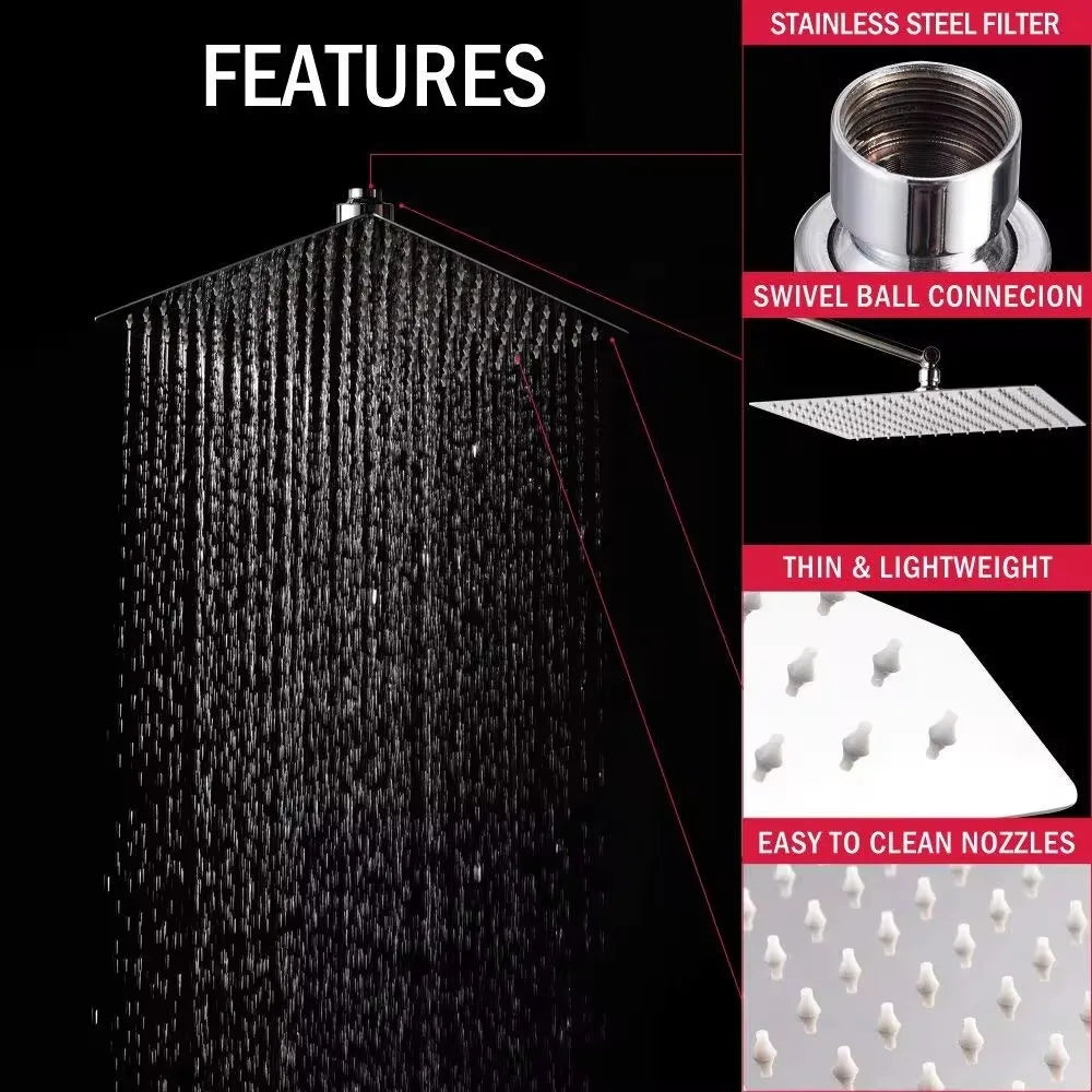 Rainfall Shower Head 12/10/8 Inch Waterfall Shower Ultra Thin 201 Stainless Steel Square Rain Showerheads Bathroom Accessories
