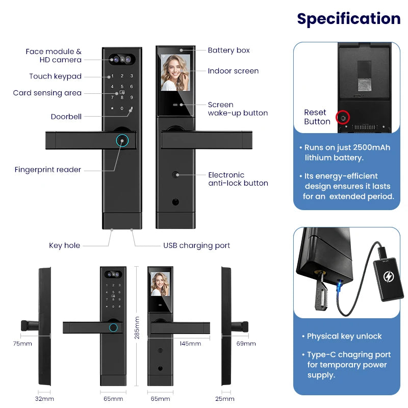Facial Recognition Video call Automatic Door Lock TUYA Front Door Fingerprint Smart Lock Digit Camera Visible Inner Screen