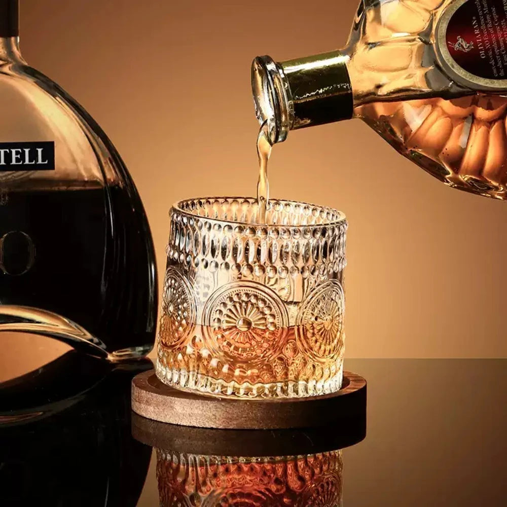 9 Oz Crystal Whiskey Tumbler Swivel Old Fashioned Glass with Round Wooden Coaster for Family Gatherings Cocktail Party Bar