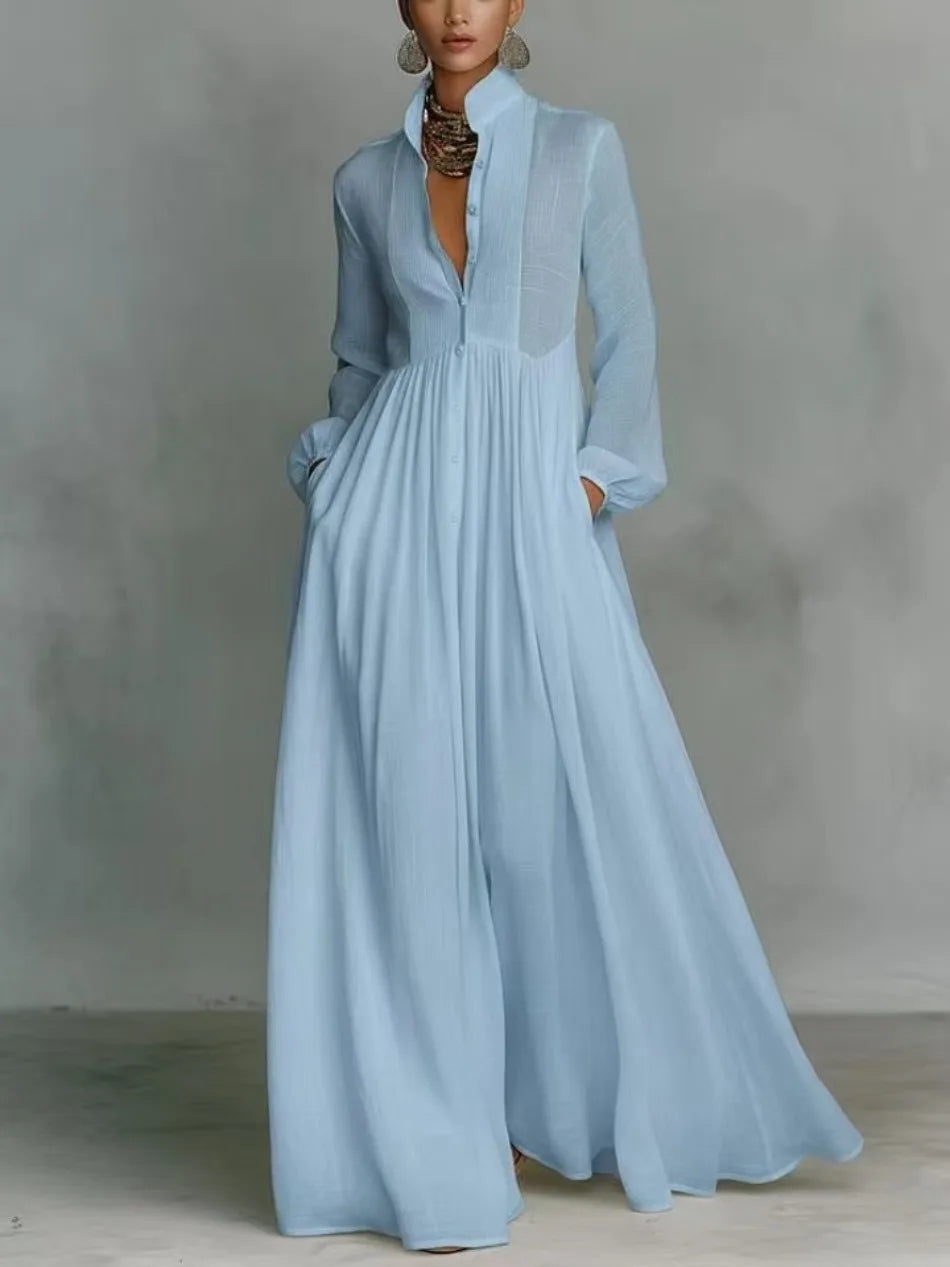 Elegant High Waist Swing Long Dress Woman Spring Solid Pockets Pleated Maxi Dress Spring Autumn Long Sleeve Button Evening Dress