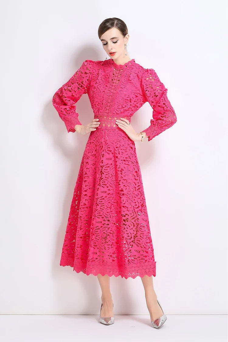 Solid Lace Holloe Out Slimming Elegant Dresses For Women Stand Collar Long Sleeve High Waist Minimalist Dress Female Fashion