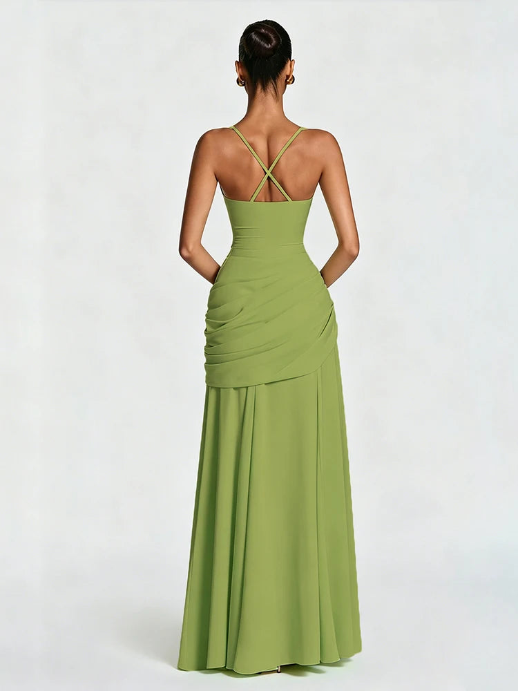 Sisterlinda Chic Elegant Backless Dress Women Folds Square Collar Low-Neck Sleeveless Birthday Party Solid Chic Banquet Vestidos