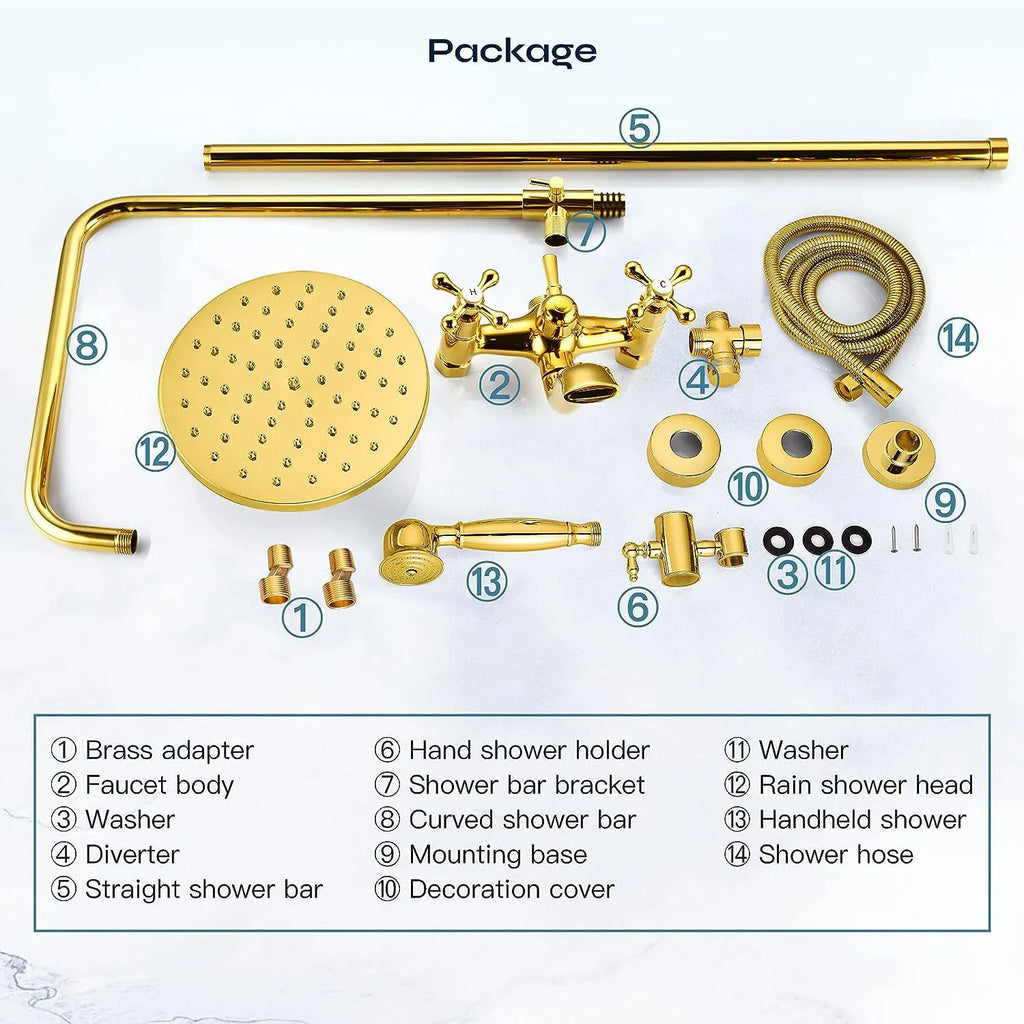 ZAPPO Antique Shower Set Wall Bathroom Bath Shower Faucet Rainfall Brass Shower System with Swivel Spout Mixer Tap Sliding Bar