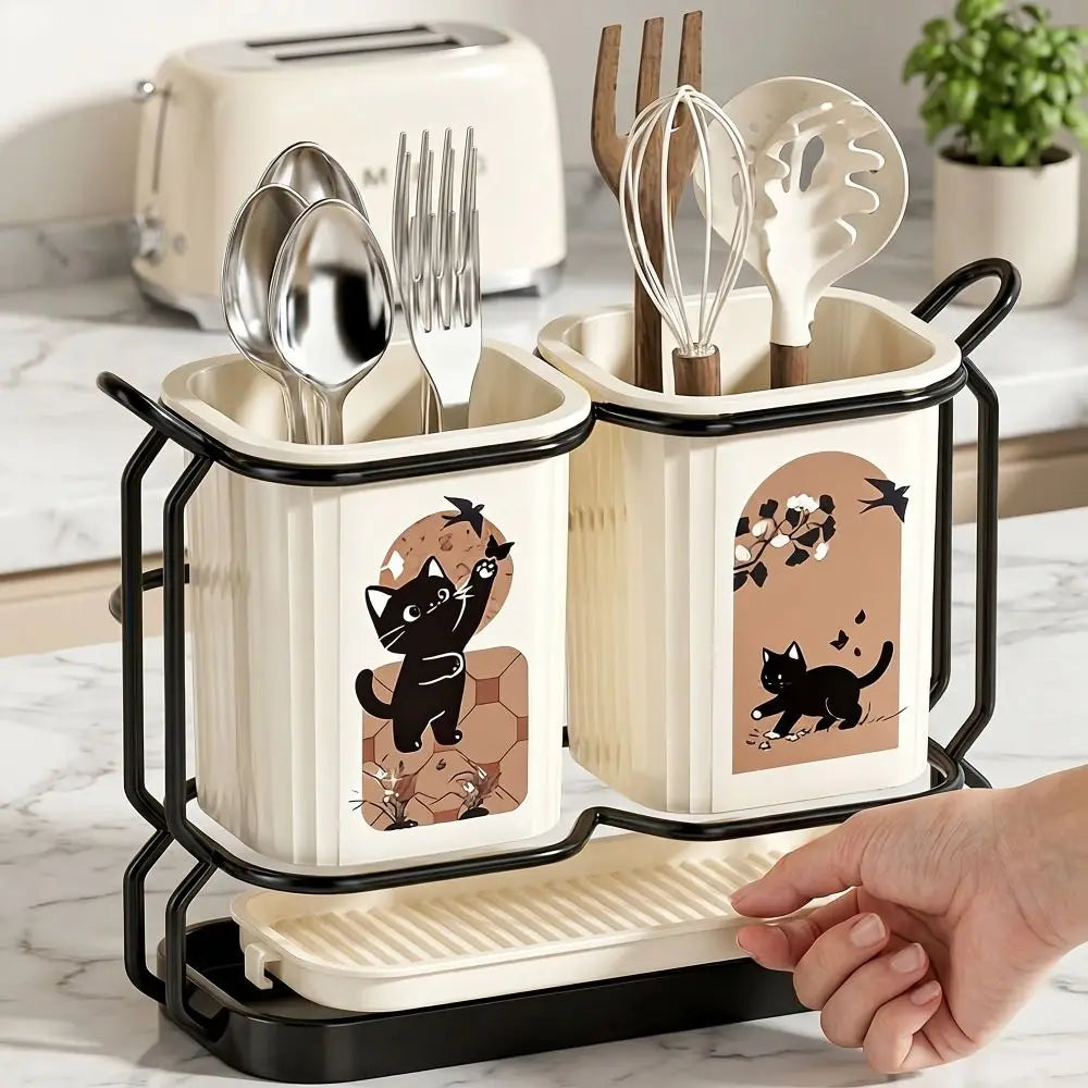 Cute Cat Kitchen Storage Basket Durable Standing Chopsticks Holder Organizer No-drill Tableware Drainer Kitchen