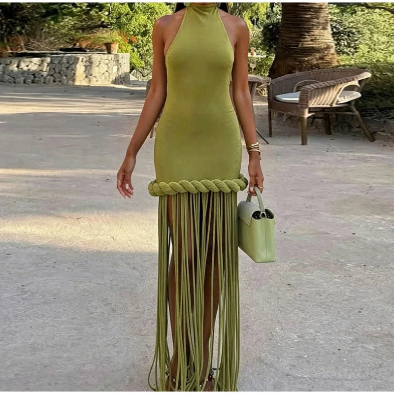 Women Solid Braided Trim Cutout Maxi Dress Sleeveless High Slit Bodycon Fit Gown 2026 Summer Elegant Evening Formal Party Outfit