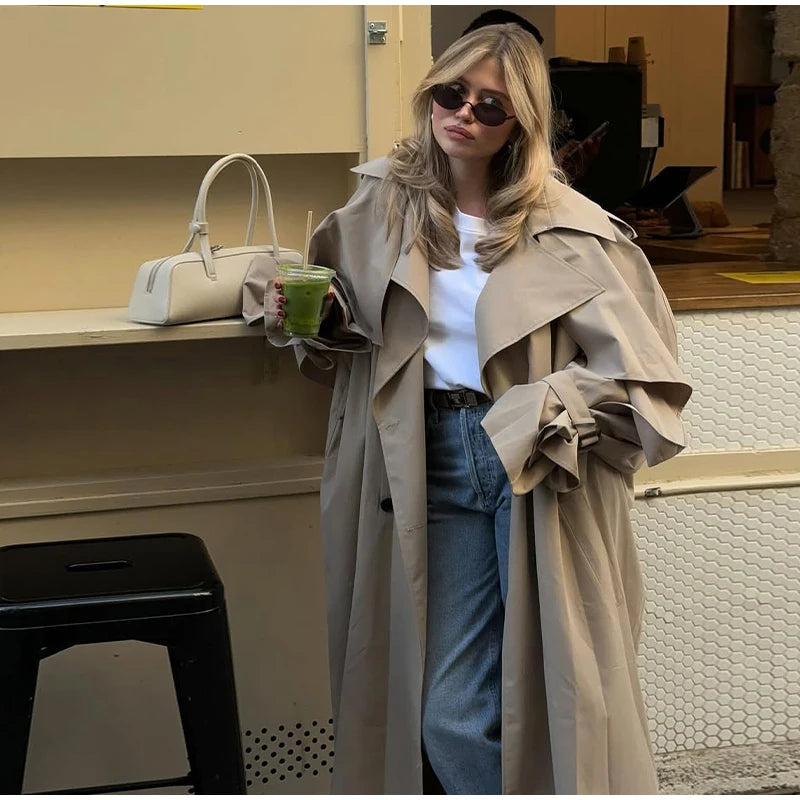 Casual Lace Up Long Trench Coat Women Chic Solid Color Full Sleeve Lapel Windbreaker 2026 Fall New Fashion Loose Commute Jackets