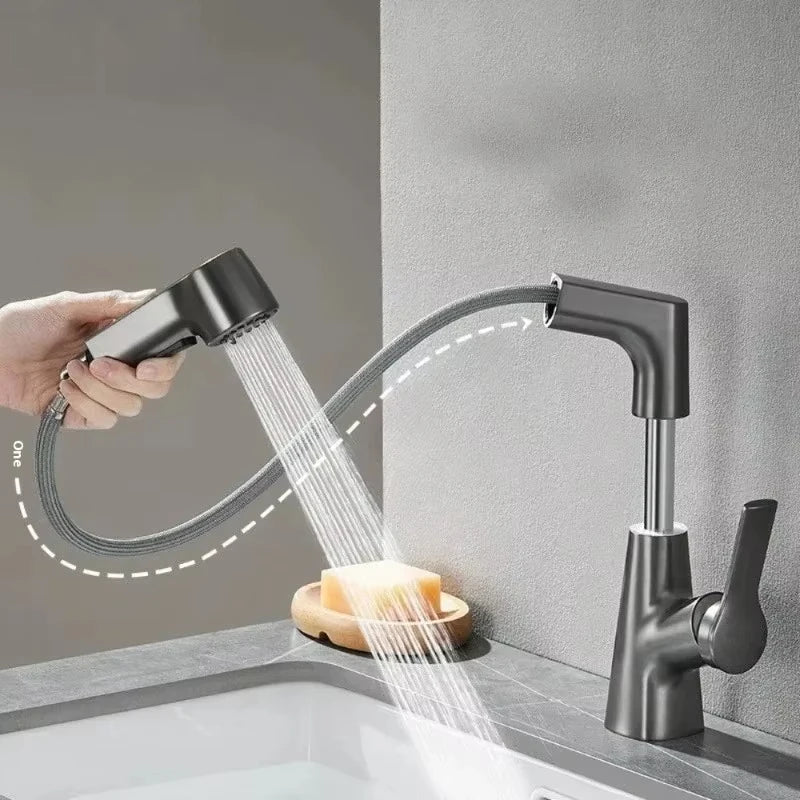 Pull Out Lift Kitchen Faucet 360° Rotatable Bathroom Basin Faucet Stainless Steel Kitchen Sink Faucet with Pull Out SprayerG1/2