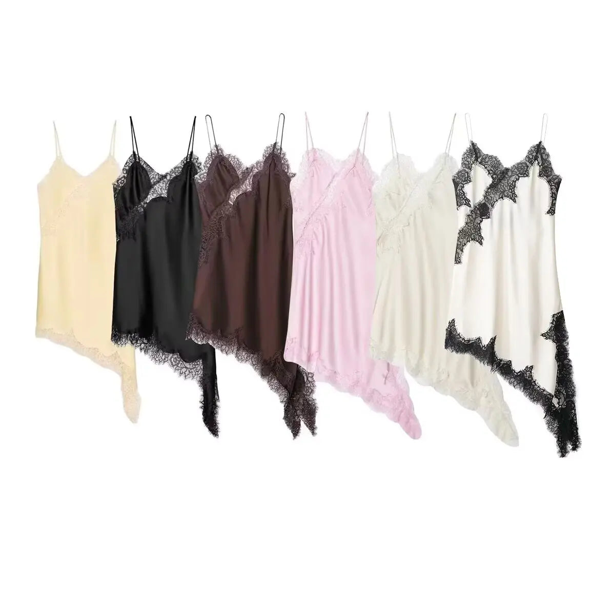 Zevity 2025 Women Sexy Hollow Out Lace Stitching Hem Irregular Mini Dress Female Chic Spaghetti Strap Soft Party Vestidos DS9446