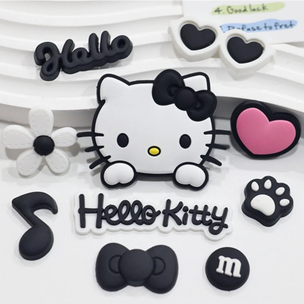 Pink & Black Relaxed Hello Kitty Cat Shoe Charms Set Cute Cat Shoe Flower Accessories For Sandals Female Girls' DIY  Decoration