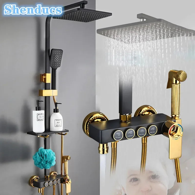 Hot Cold Bathroom Shower Set 12 Inch Rain Shower Head Quality Brass Bathroom Mixer Faucet Black Gold Thermostatic Shower System