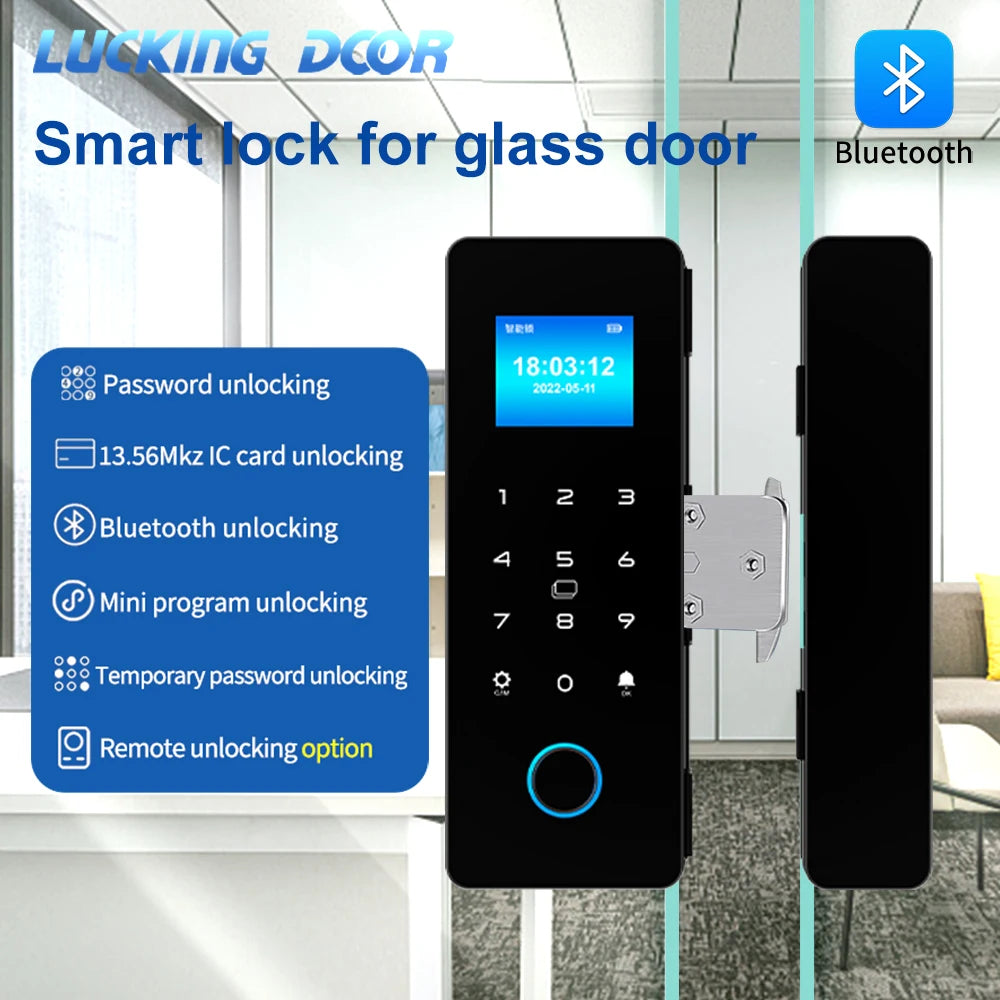 Electronic Digital Lock Fingerprint Glass Door Lock Bluetooth HAHA-Lock App Passcode IC Card Keyless Smart Phone Attendance Lock