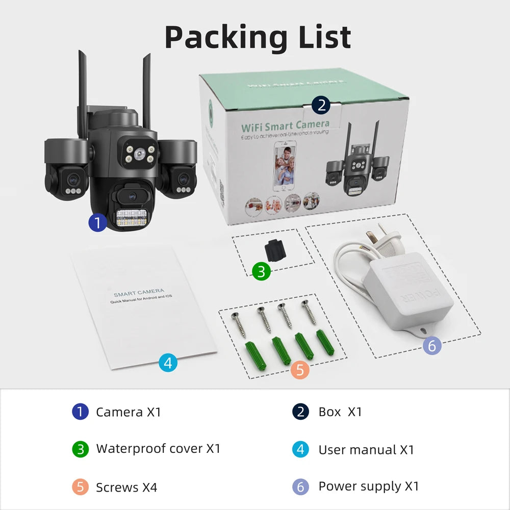 Hot Sale  iCsee 3 Lens 3 Screen WiFi Camera 360° Auto Tracking  Waterproof Outdoor CCTV, WiFi Security Cam ICsee Surveillance