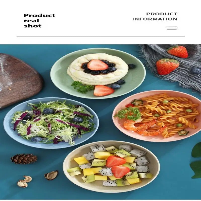 5pcs/set Nordic Wheat Straw Plate Fruit Plate Vegetable Plate Tableware Plate Color:blue green purple beige pink