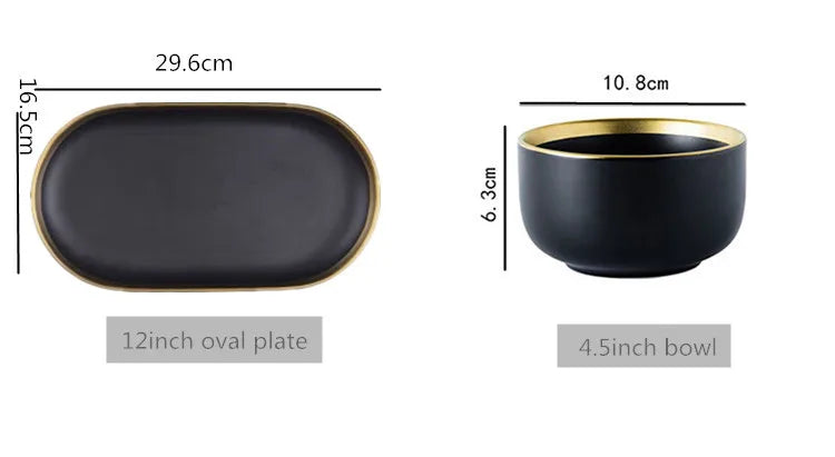 For1/ 4/6/8 Personal Black Porcelain Dinner Plates Set Ceramic Tableware Food Dishes Rice Salad Noodles Bowl Wiht Cutlery Set