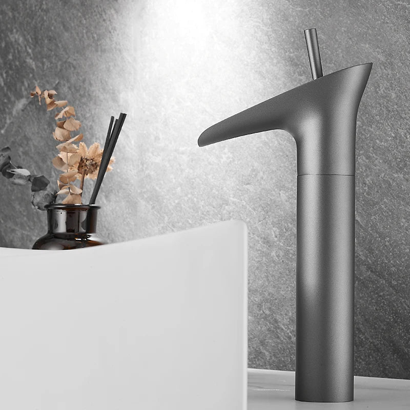 Bathroom Basin Faucet Sink Mixer Gun Grey Color Hot Cold Water Mixer Deak Mounted Waterfall Style Copper Sink Taps FR651