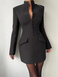 Nibber Elegant Fashion Office Style Dress Woman Button Pocket Decoration Stand Collar Simple Full Sleeve Casual Mini Bodycon