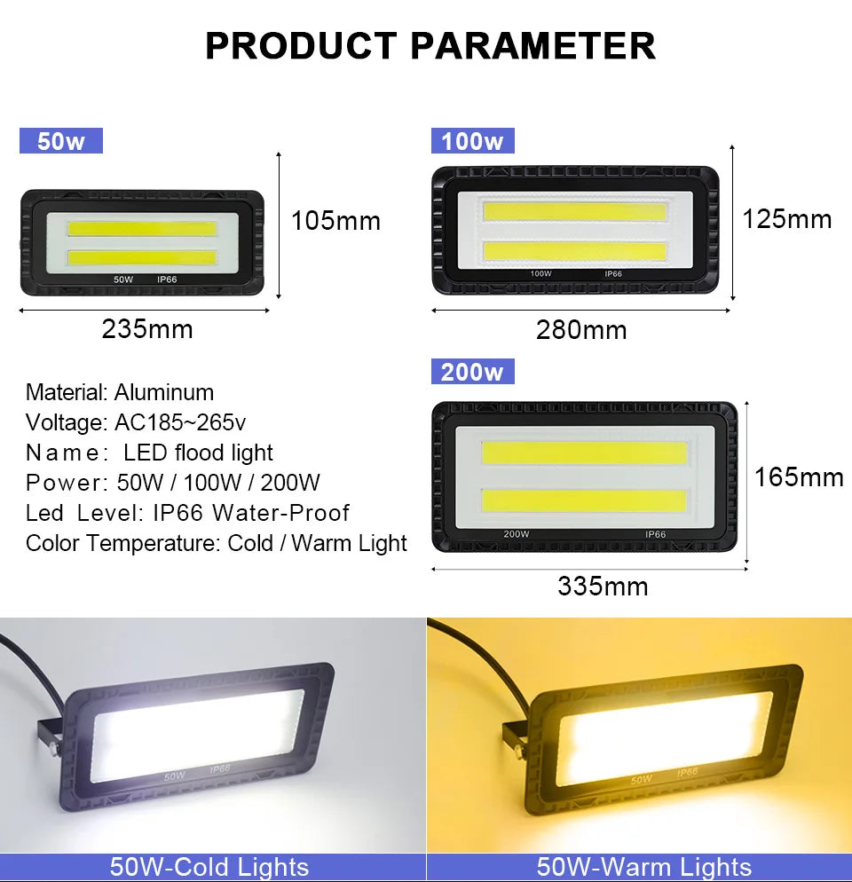 LED Flood Light 100W 200W IP66 Waterproof Outdoor Lighting Garden Street Lighting COB Floodlight Spotlight Wall LED Floodlight