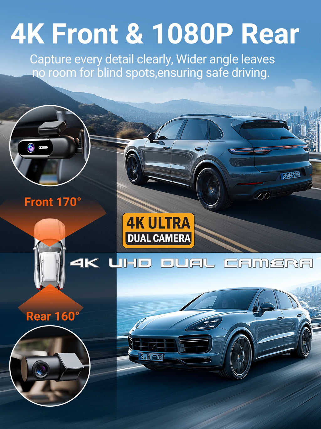Dash Cam for Cars 4K UHD Recording Front Rear Car Camera HDR Night Vision Recorder Built in Wi-Fi 24H Parking Mode APP Monitor