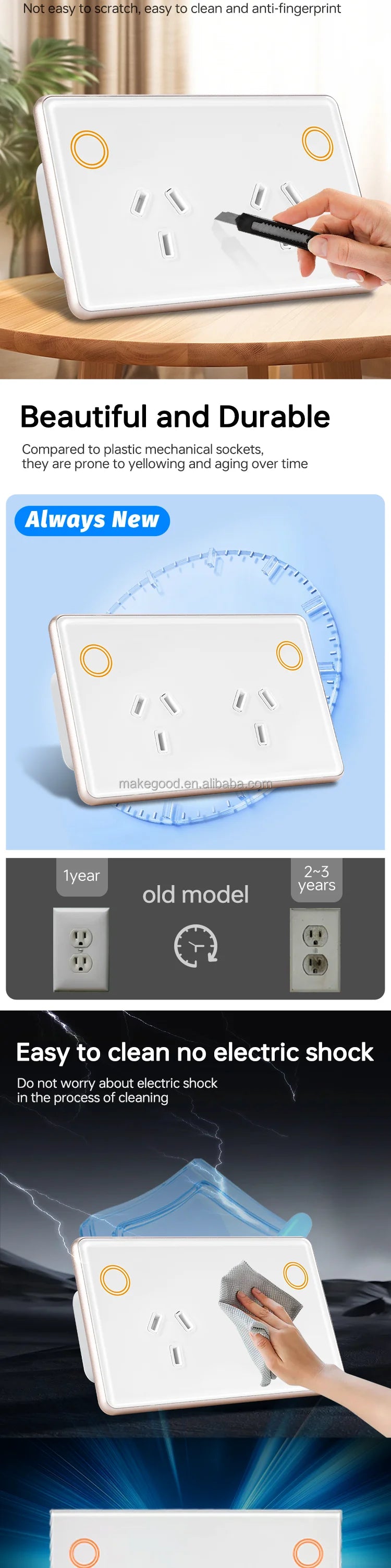 Customize Standard Wifi 2.4G 2400W Tempered Glass Panel Tuya App Smart Dual Power Point GPO Wall Socket