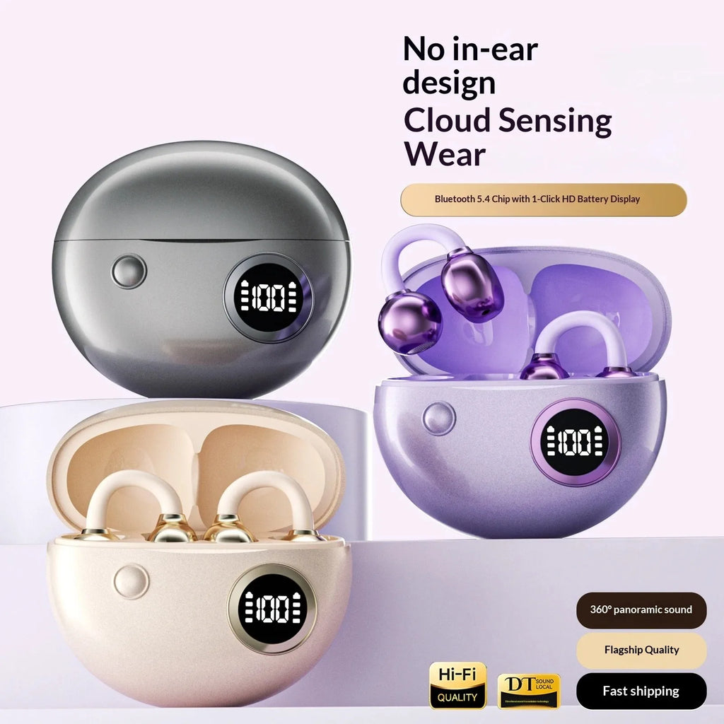 Clip-on Earphones Wireless Bluetooth Earbuds Hi-Fi Sound Super Long Battery Life Digital Display Noise Reduction Secure Fit